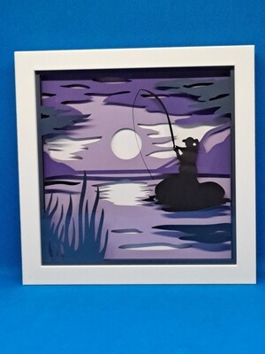Fisherman Fishing on the Lake Layered 8x8 inch shadowbox