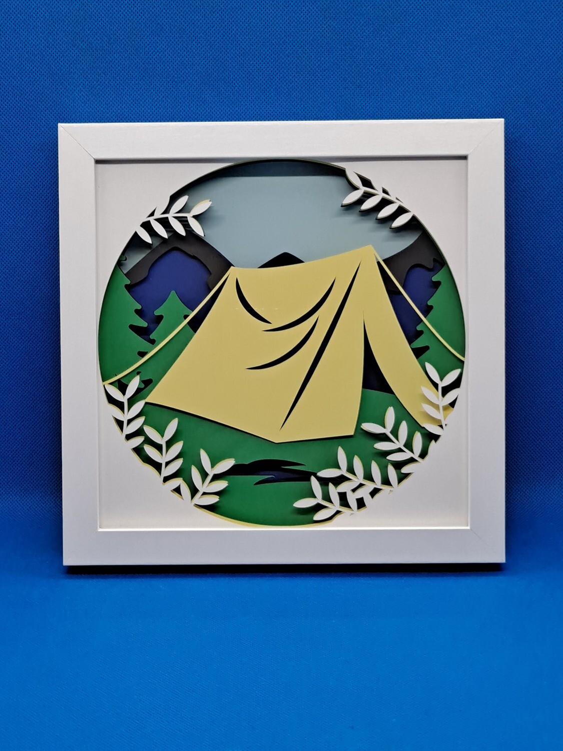 Yellow Tent in Mountains Layered 8x8 inch shadowbox