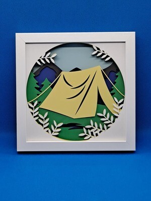 Yellow Tent in Mountains Layered 8x8 inch shadowbox