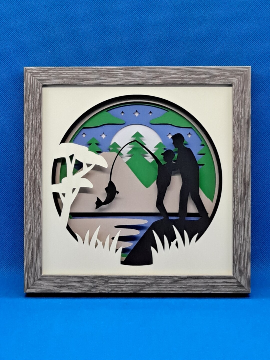 Dad Teaching Son to Fish Layered 8x8 inch shadowbox