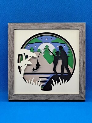 Dad Teaching Son to Fish Layered 8x8 inch shadowbox