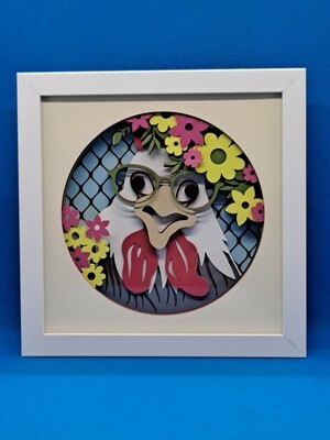 Hen with Blue background 8x8 inch shadowbox