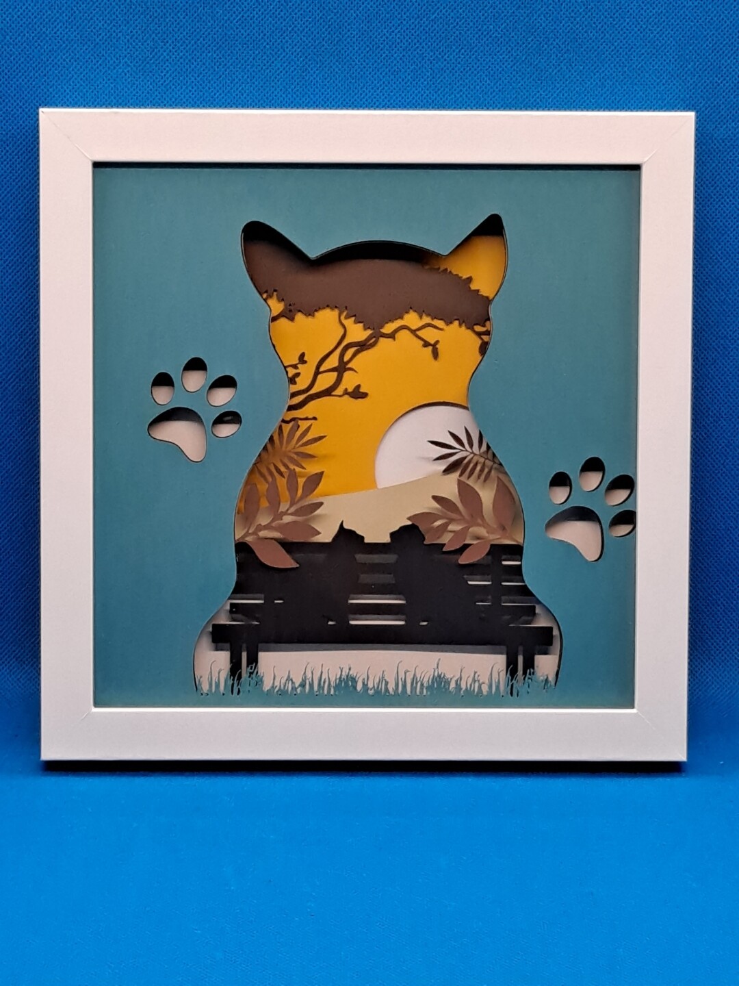Layered Big Cat (on a bench) 8x8 inch shadowbox