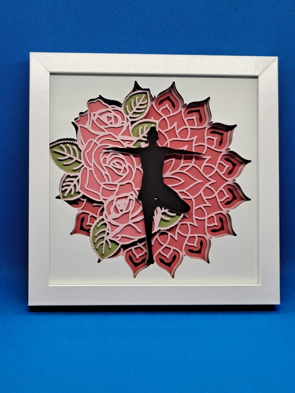 Woman doing yoga roses mandala 8x8 inch shadowbox