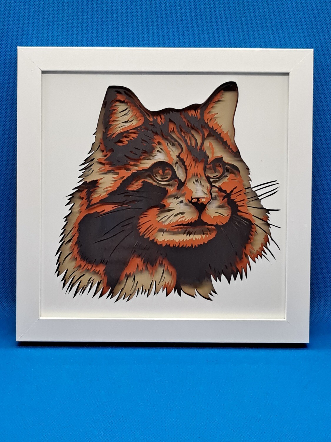 Long Haired black/orange/tan cat Layered 8x8 inch shadowbox