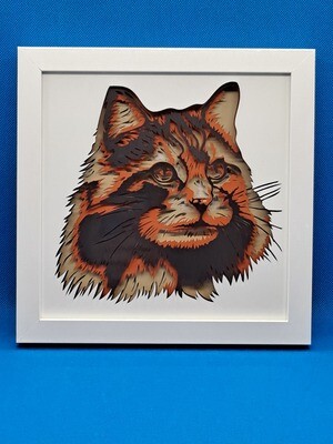 Long Haired black/orange/tan cat Layered 8x8 inch shadowbox