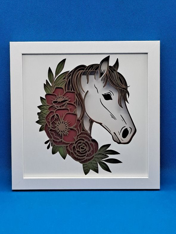 Horse with Roses White 8x8 inch shadowbox