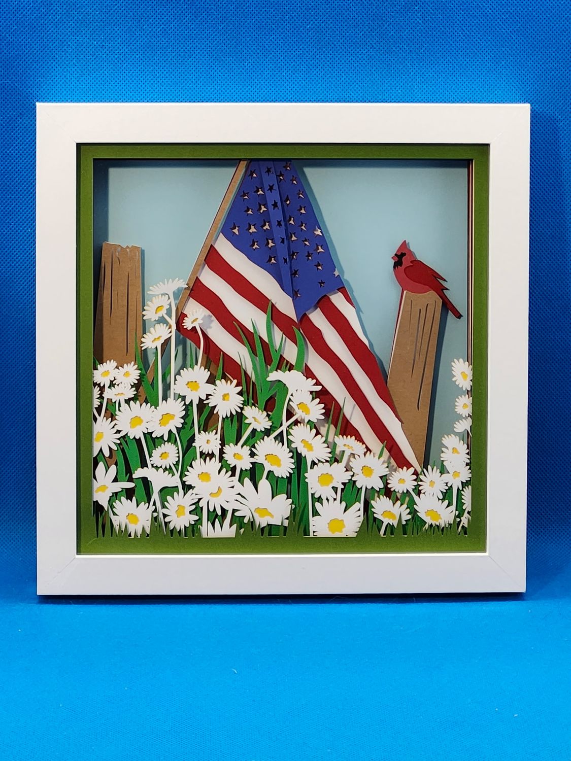 American Flag with Cardinal 8x8 Inch Shadowbox