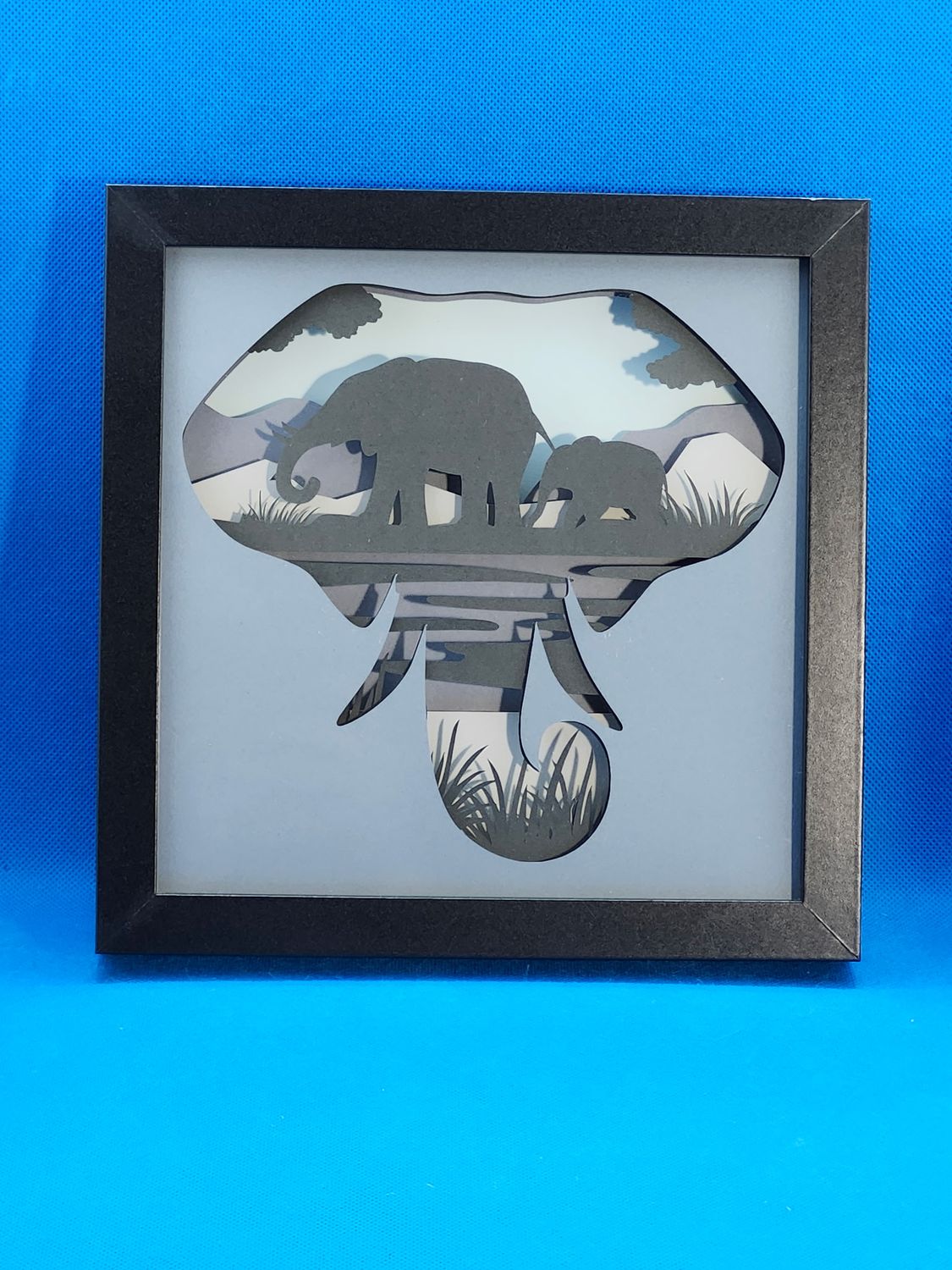 Elephant Family in The Wild (Grey) 8x8 inch shadowbox