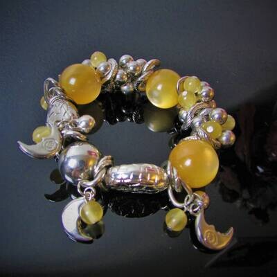 Vintage Handmade Bracelet with Amber Beads & Sterling Silver (925) Crescent Moon Charms c. 1990s