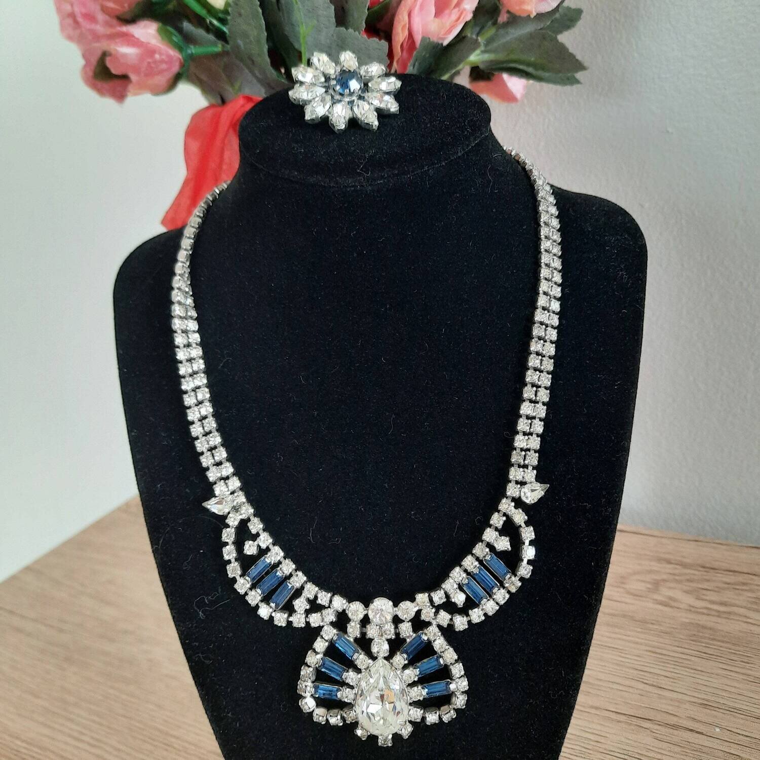 Sapphire Accented Art Deco Diamante Crystal Necklace and Bonus Brooch c. 1950's