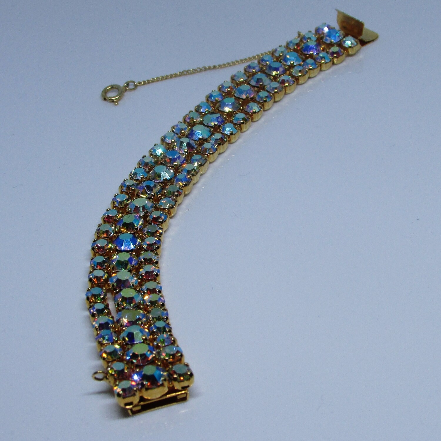 Sparkling Irridescent Art Deco Aurora Borealis Gold Bracelet with Safety Chain c. 1950's