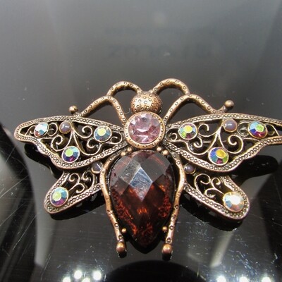 Butterfly Brooch in Antique Rose Gold Metal and Aurora Borealis Crystal c. 1950's