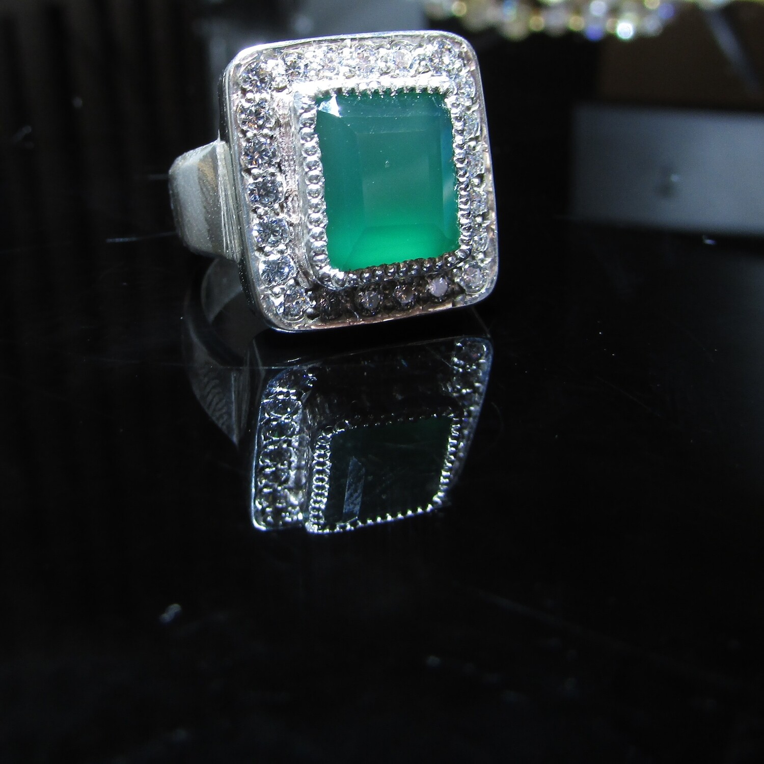 7ct Emerald Sterling Silver ring with 5ct CZ accents c. 1980's