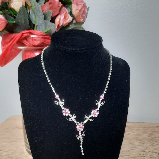 Pink Floral Crystal Necklace c. 1960's