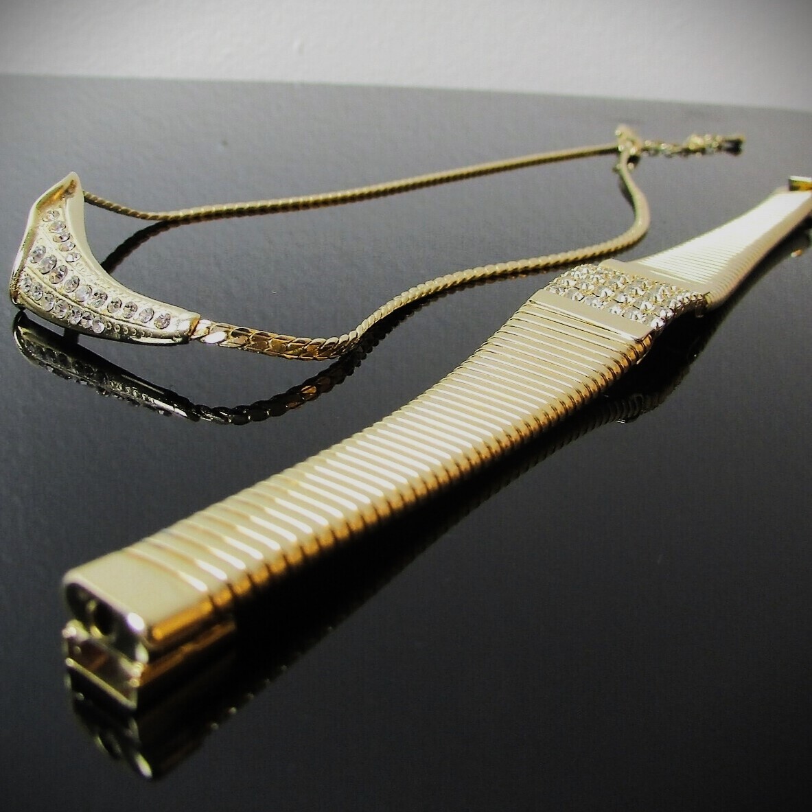 Gold Herringbone Rhinestone  Bib Necklace and Bracelet c.1960s