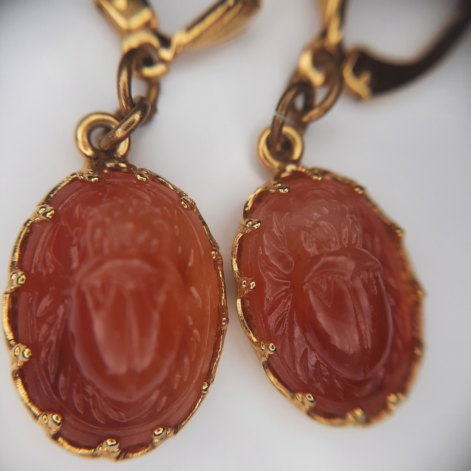 14K Gold Vermeil Carved Carnelian Scarab Earrings c. 1925