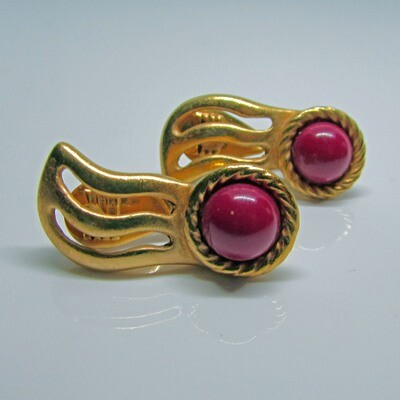 Monet's Gold toned Red Cabochon Clip On Earrings c. 1980's