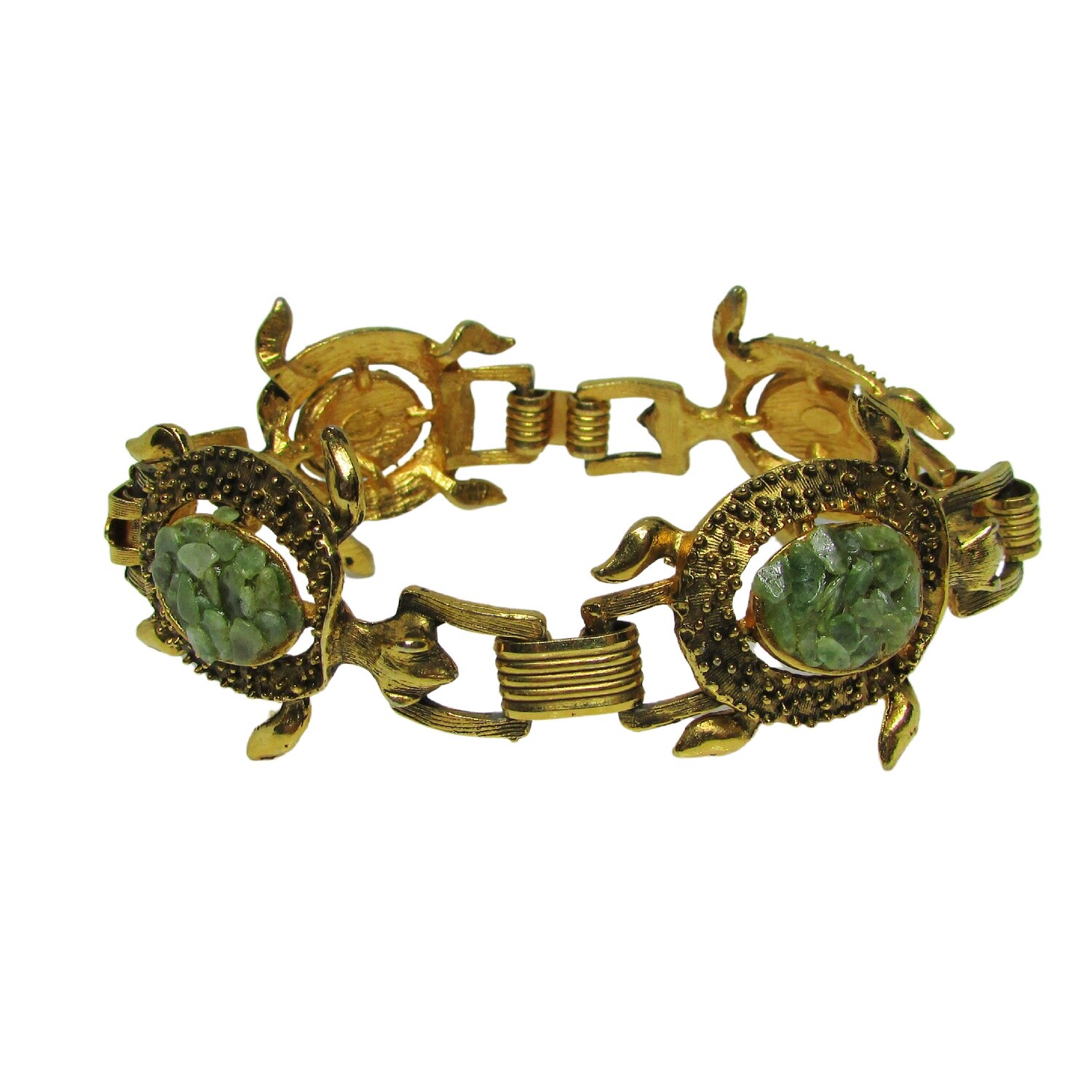 Gold Toned Jadeite Turtle Link Bracelet c. 1960's