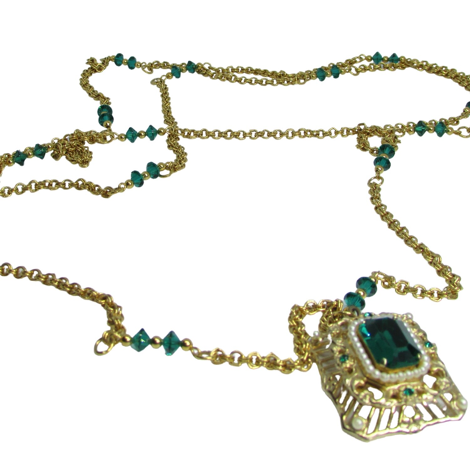 Coro Pegasus's Victorian Emerald Cut Glass Filigree Pendant Gold toned Necklace c. 1940's