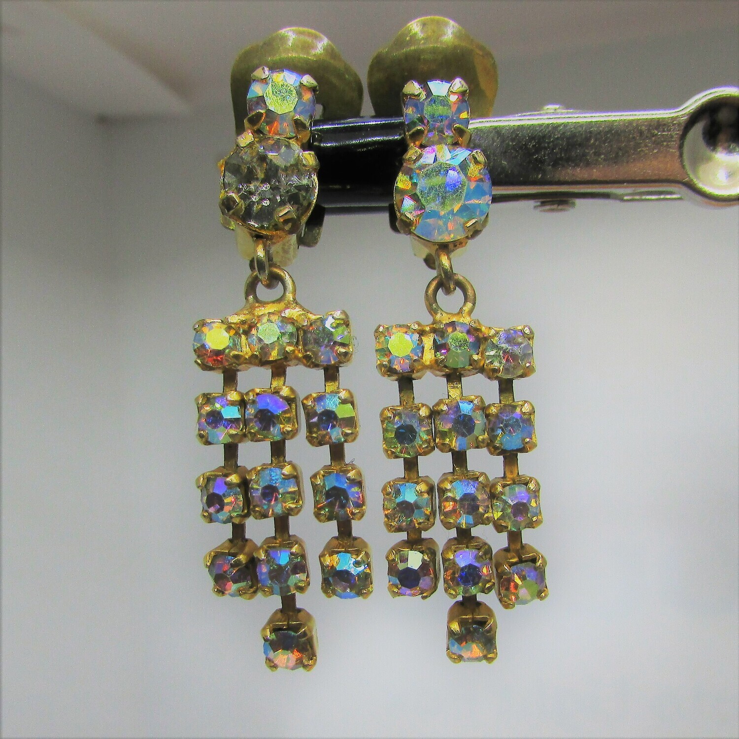 Kahl's Aurora Borealis Irridescent Swarovski Rhinestones clip-on earrings c. 1950's