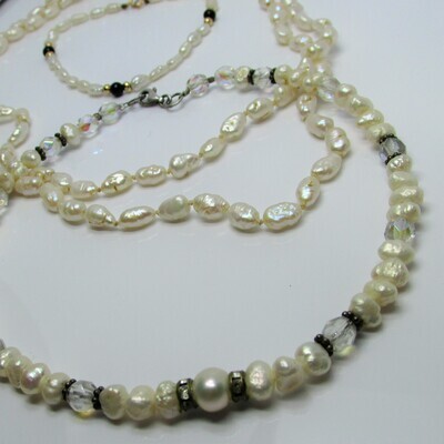 Genuine Freshwater Seed Pearl Set: Choker, Double Strand Necklace and Bracelet c. 1980's