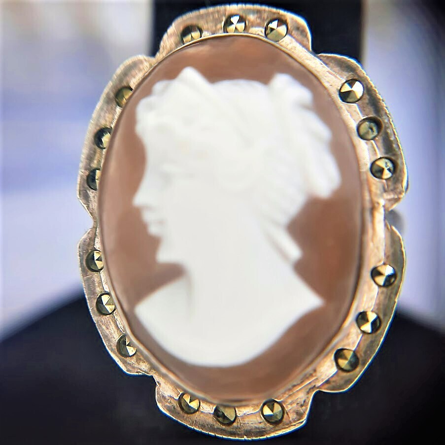 Antique Edwardian Shell Lady Cameo in Marcasite Ring c. 1910
