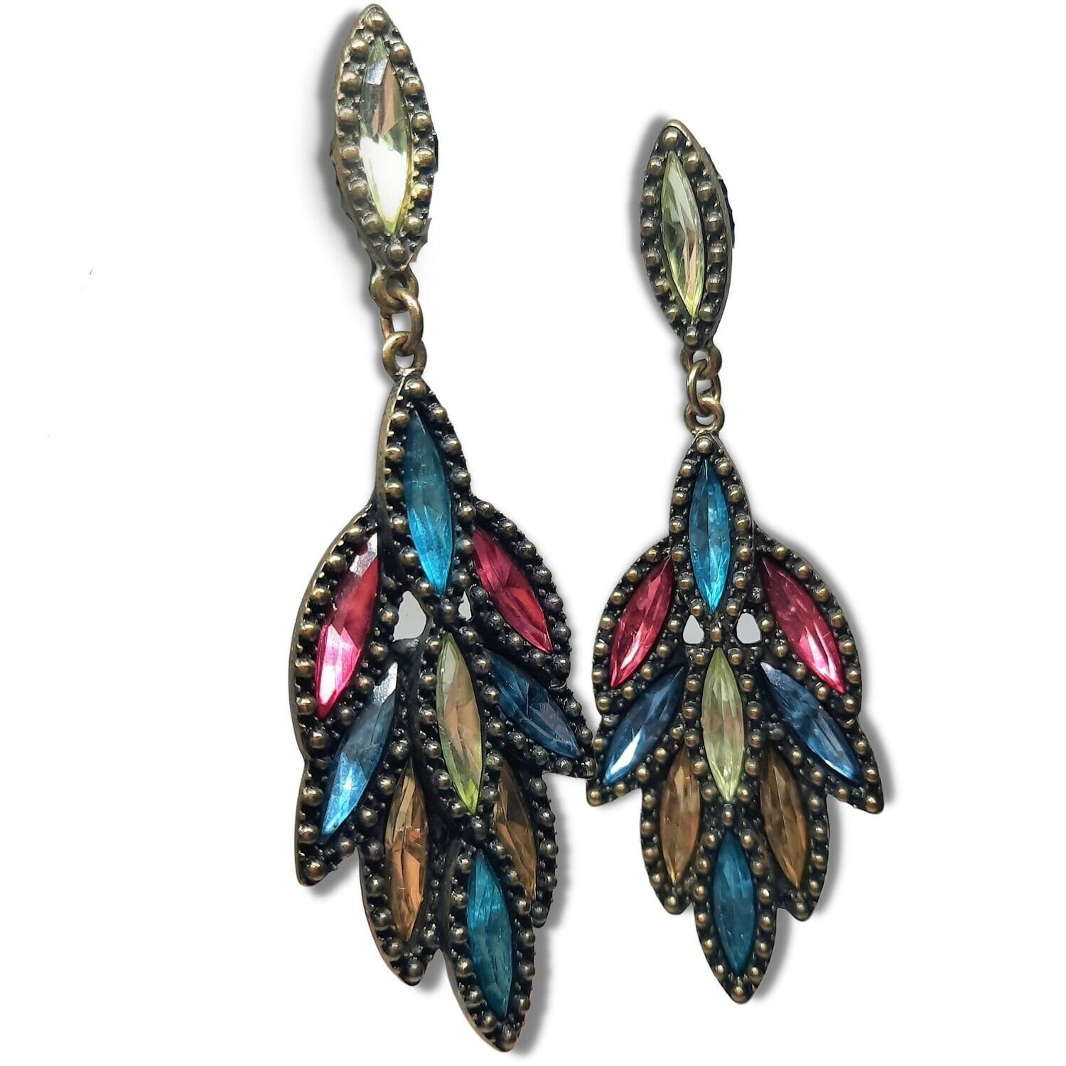Vintage Peacock Marquise Cut Multicoloured Crystals with Oxidized Textured Studs as Accents Earrings c. 1980's