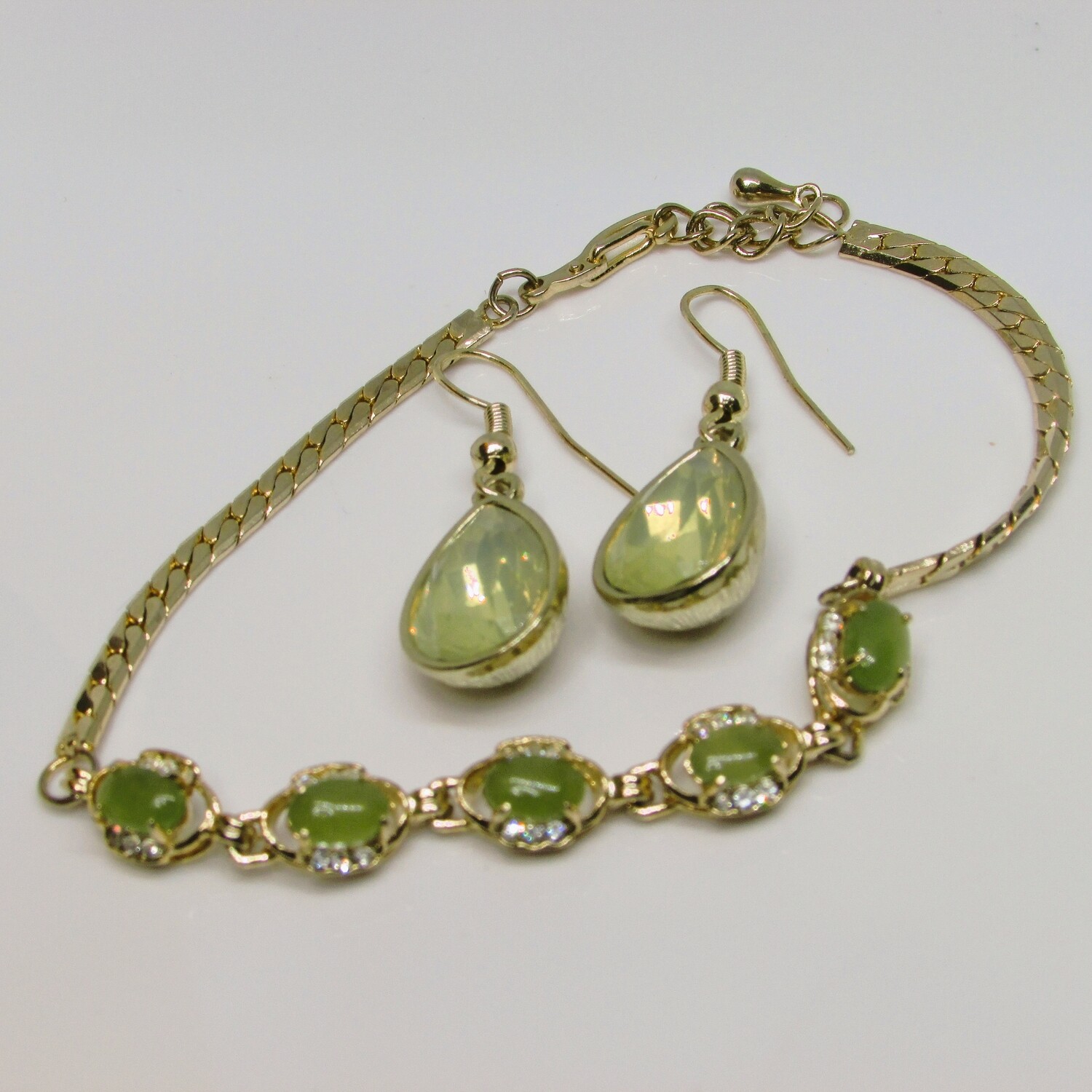 10k Gold Plated BC Jade Cabochon & Rhinestone Link Bracelet with Faux Citrine Earrings c. 1970's