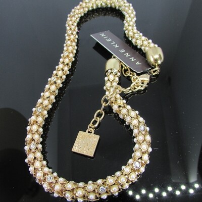 Anne Klein's Faux Pearl and Rhinestone Studded 10K Goldplated Chain Necklace c. 1970's