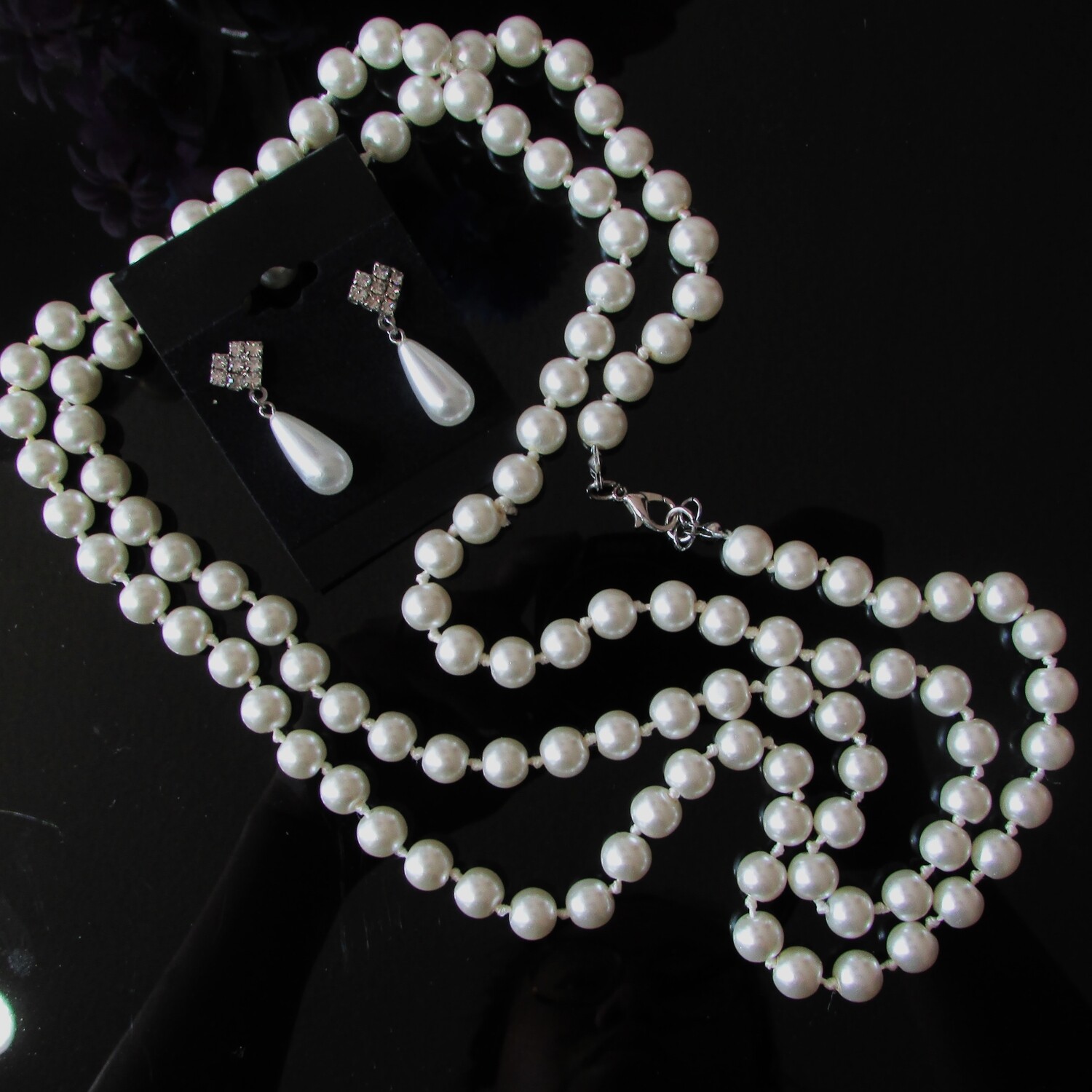 Vintage Ivory Faux Pearl Earrings and Necklace Set c. 1980's