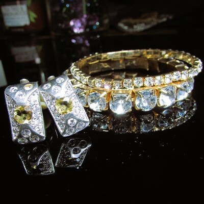 Vintage Rhinestone Stackable Bracelets with Sterling Silver Square Citrine Clip-on Earrings c. 1960's