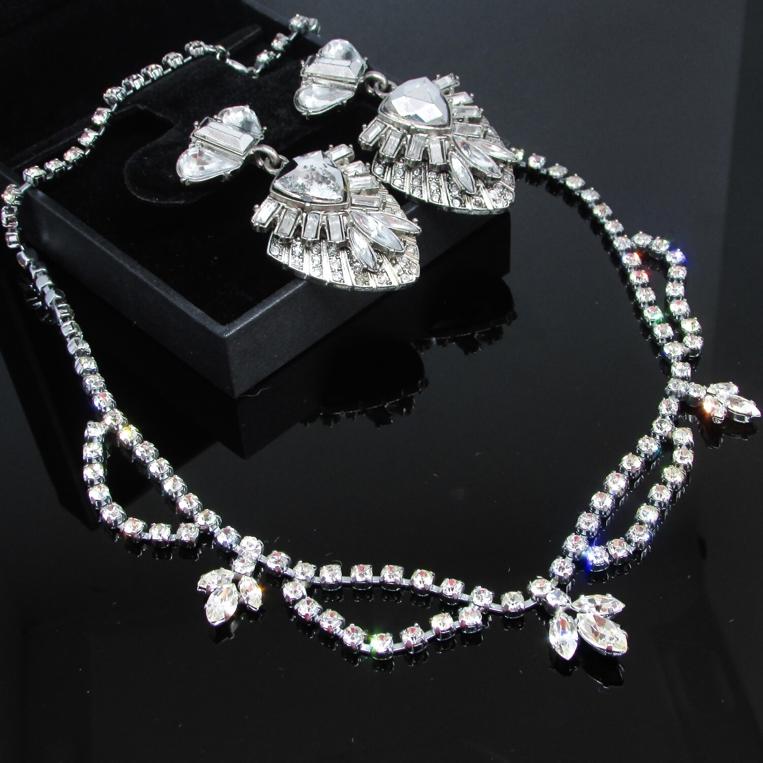 Marquis Cut Floral Filigree Diamante Crystal Necklace and Art Deco Earrings c. 1970's