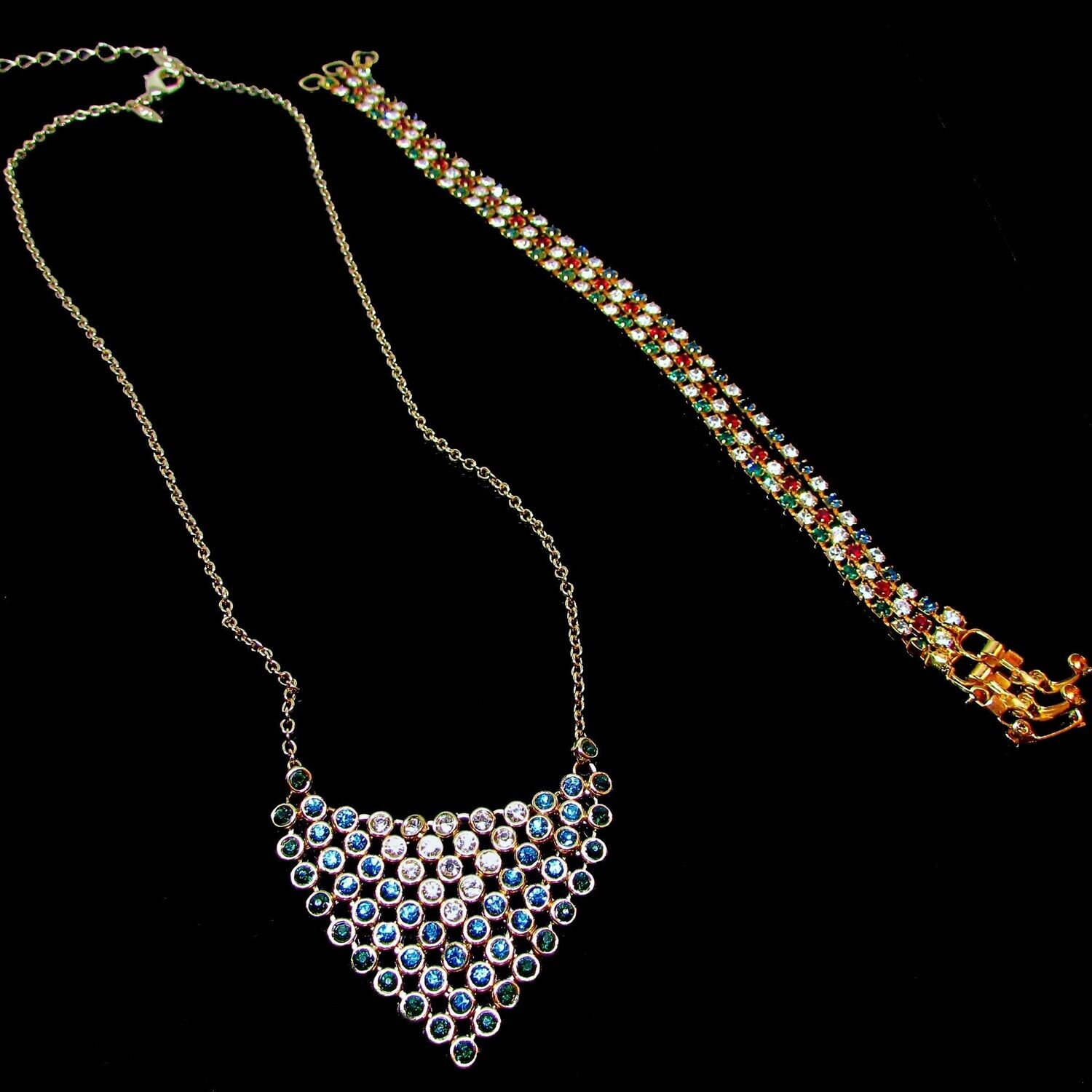 Vintage Avon Multi-coloured Bib Necklace with Three Tennis Bracelets c. 1980's