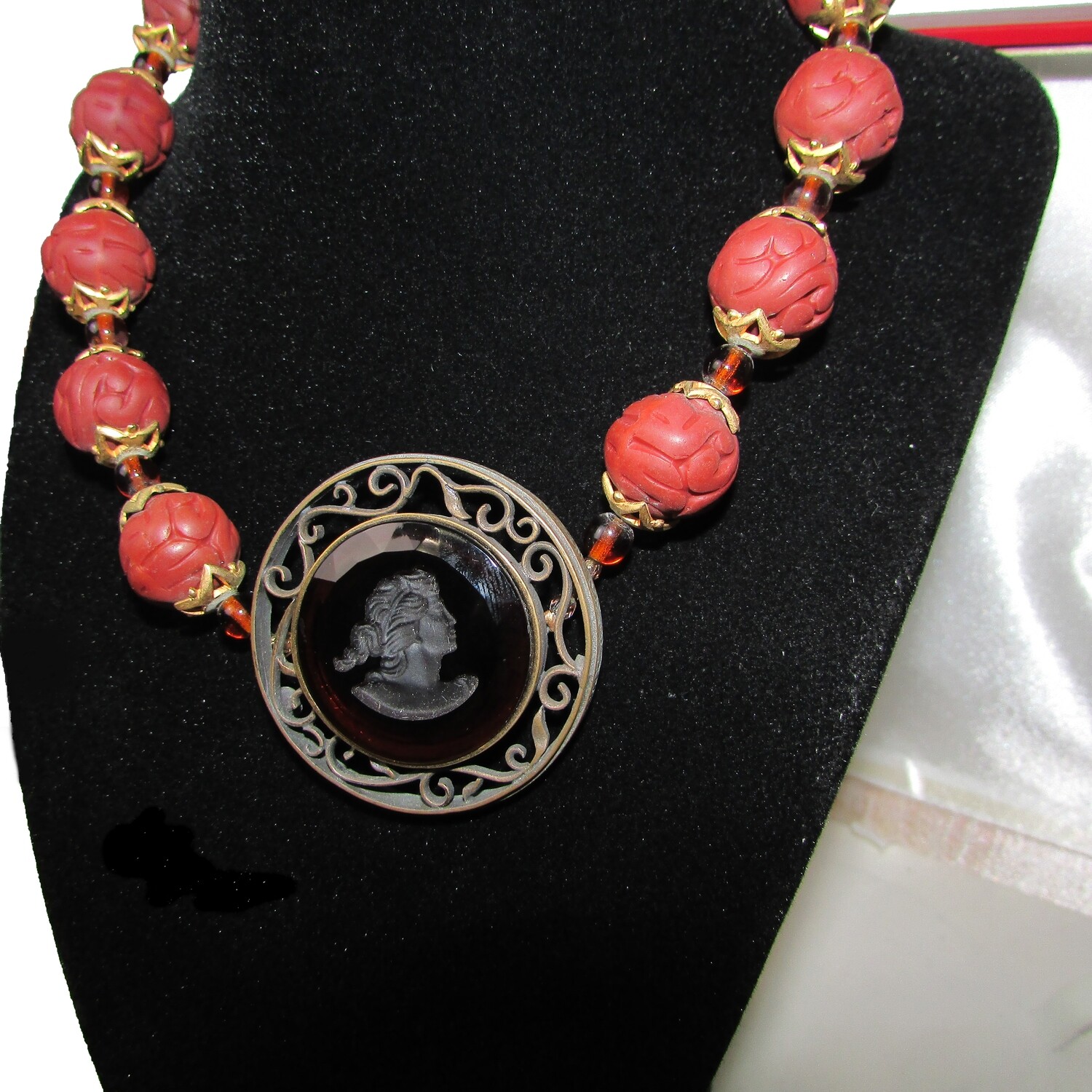 Extasia's Lady Red Intaglio Marsala German Glass Pendant in Bronze Metal with Cinnabar Beads Choker c. 1990's