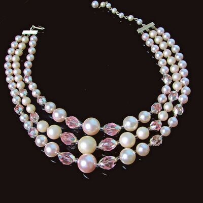 Pink Faux Pearl Three-tiered Necklace with Faceted Pink Crystals c. 1950's
