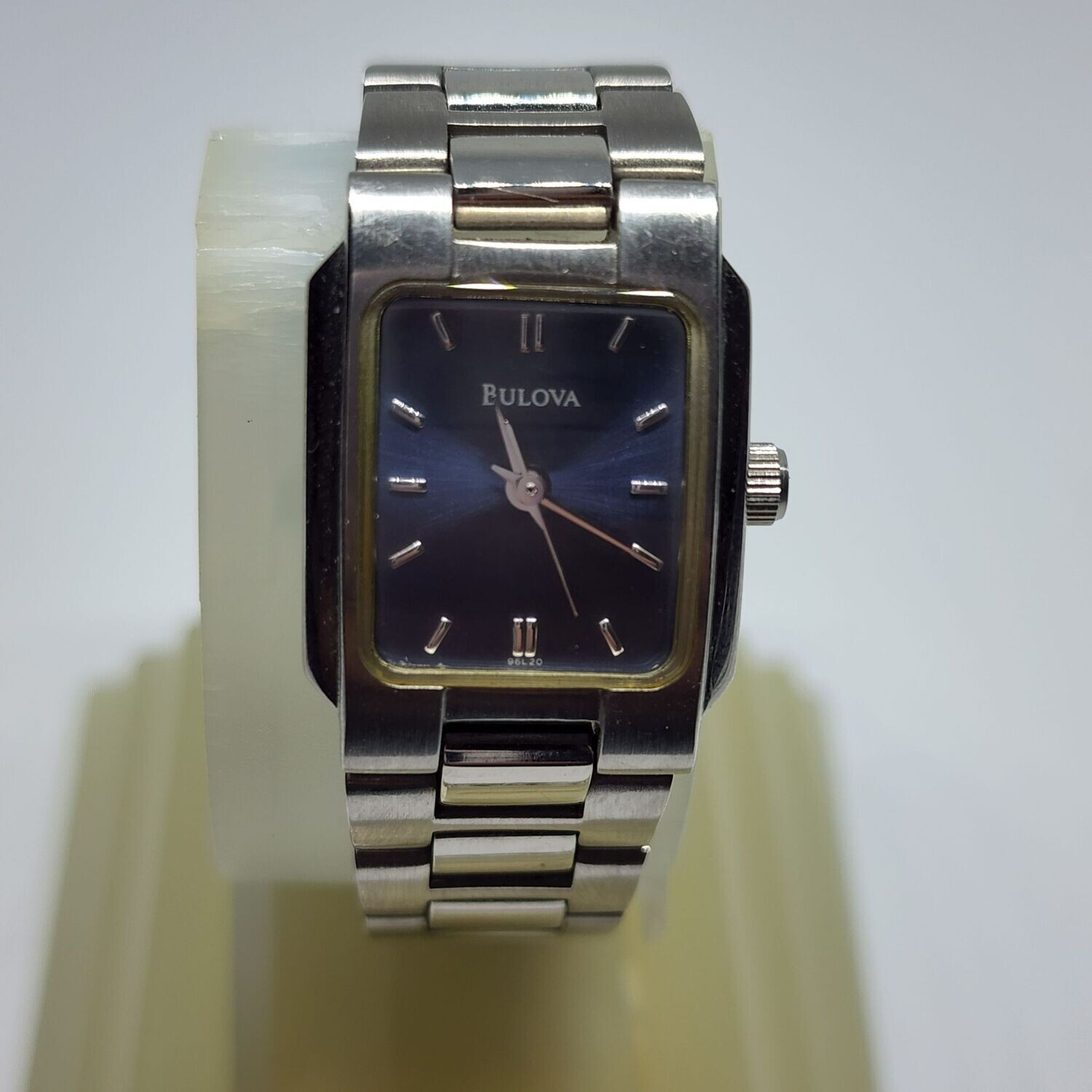 Bulova's Woman's Stainless Steel Quartz Watch with Satin Blue Dial c. 1990's