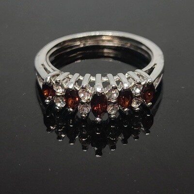 Faceted Marquise-Cut Red Garnet Ring with Cubic Zirconia Accents Silver Ring January Birthstone c. 1970's