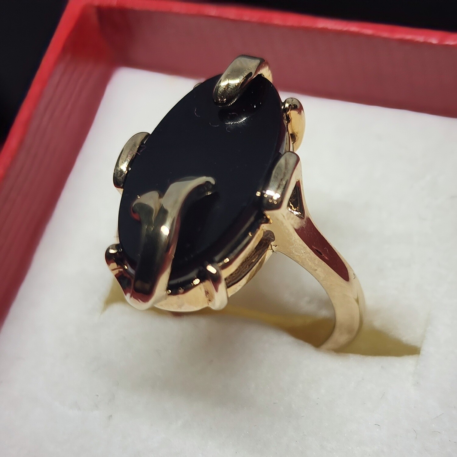 Avon's Night Flower Onyx Marquise Cut Gold Ring sz. 5 c. 1970's
