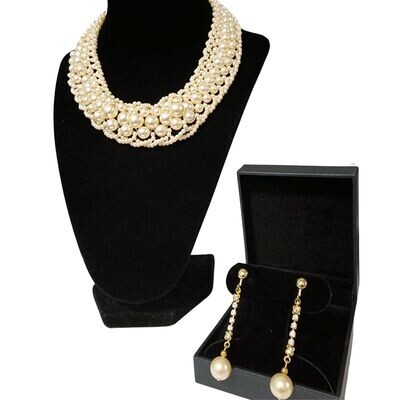 Ivory Pearl Bib Neck Piece and Ivory Pearl with Crystal Dangle Gold Clip-on Earrings c. 1970's