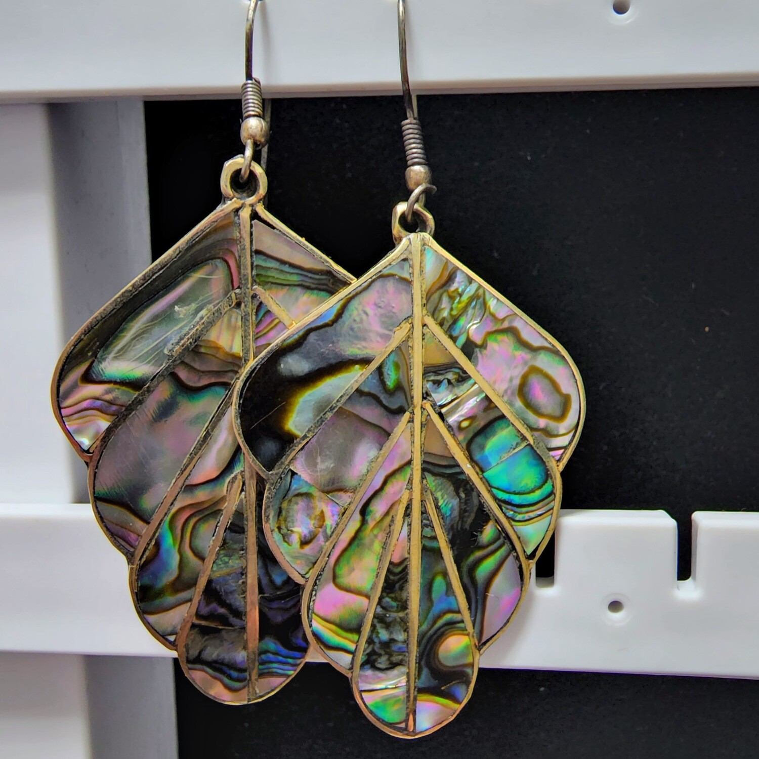 Vintage Mexican Abalone Shell Leaf Earrings Alpaca Silver c.1970's