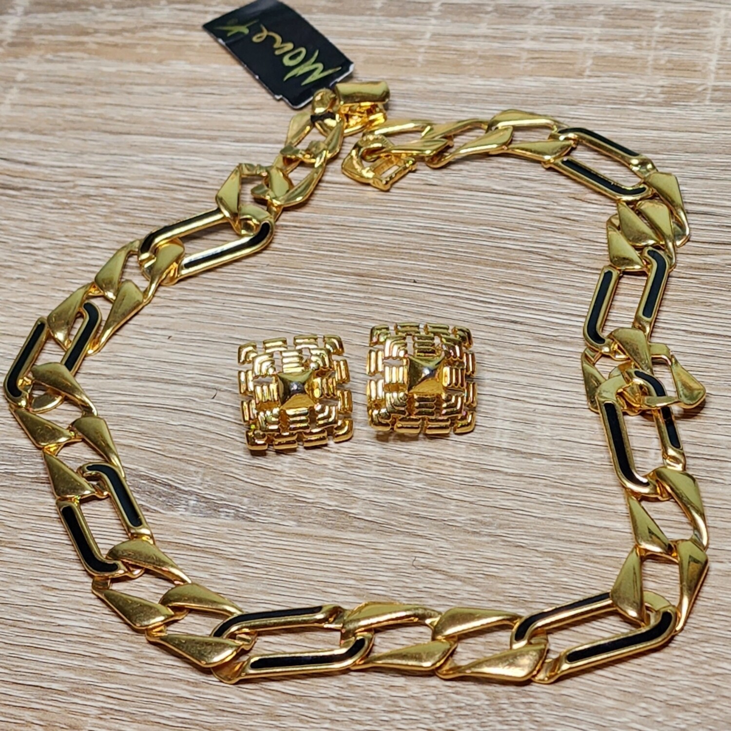 Monet's Gold and Black Chain Link Necklace and Square Studs c.1980's
