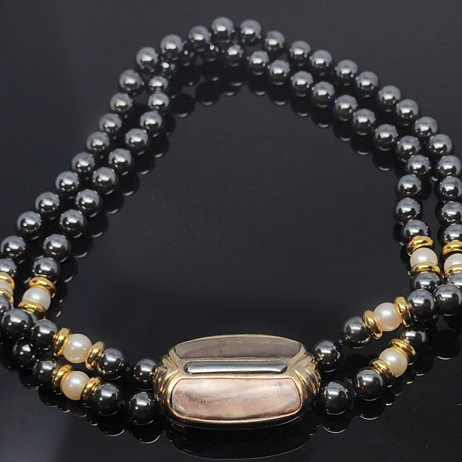 Kai Yin Lo's Gold Scarab Pearl and Hematite Necklace c.1990's