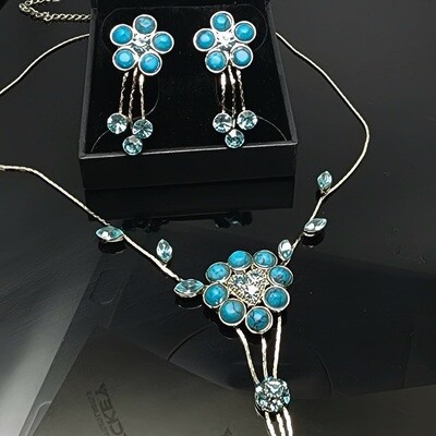 Vintage Floral Turquoise Earrings and Necklace on Sterling Silver with Blue Swarovski Stones c. 1990s