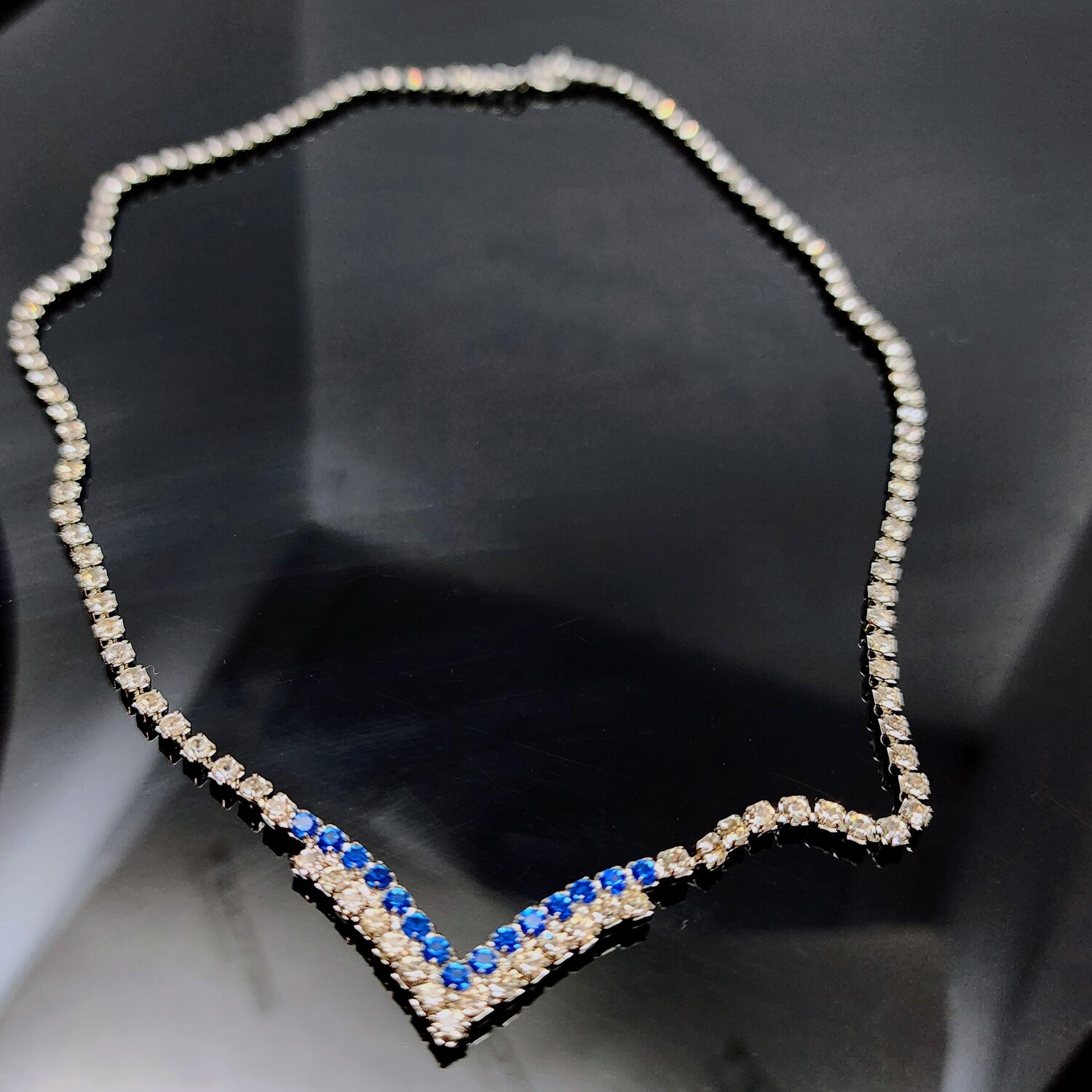 Vintage Sapphire Chevron Rhinestone Necklace c. 1960's