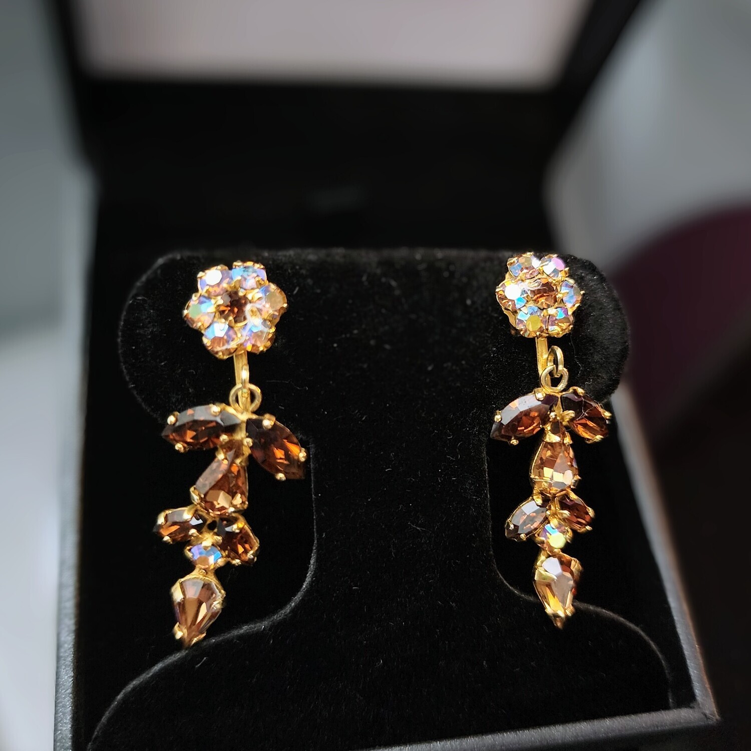 Sherman's Floral Amber Gold Clip-On Earrings with Aurora Borealis Crystal  and Swarovski Stone c. 1960's