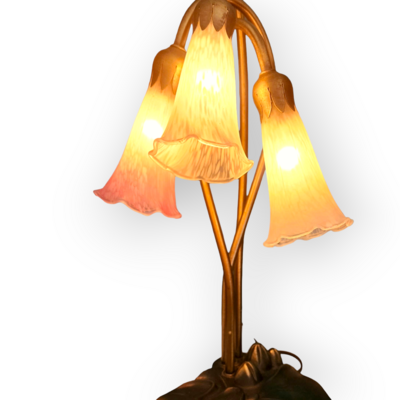 Meyda Tiffany Vintage Lily Pad Accent Light with 3 Pink Blown Glass Lilies and Mahogany Bronze Finish - c. 1990s