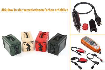 Akkubox mit AGM oder LiFePo Batterie, verschiedene Anschlüsse, inkl Ladegerät TM500 und Adapter