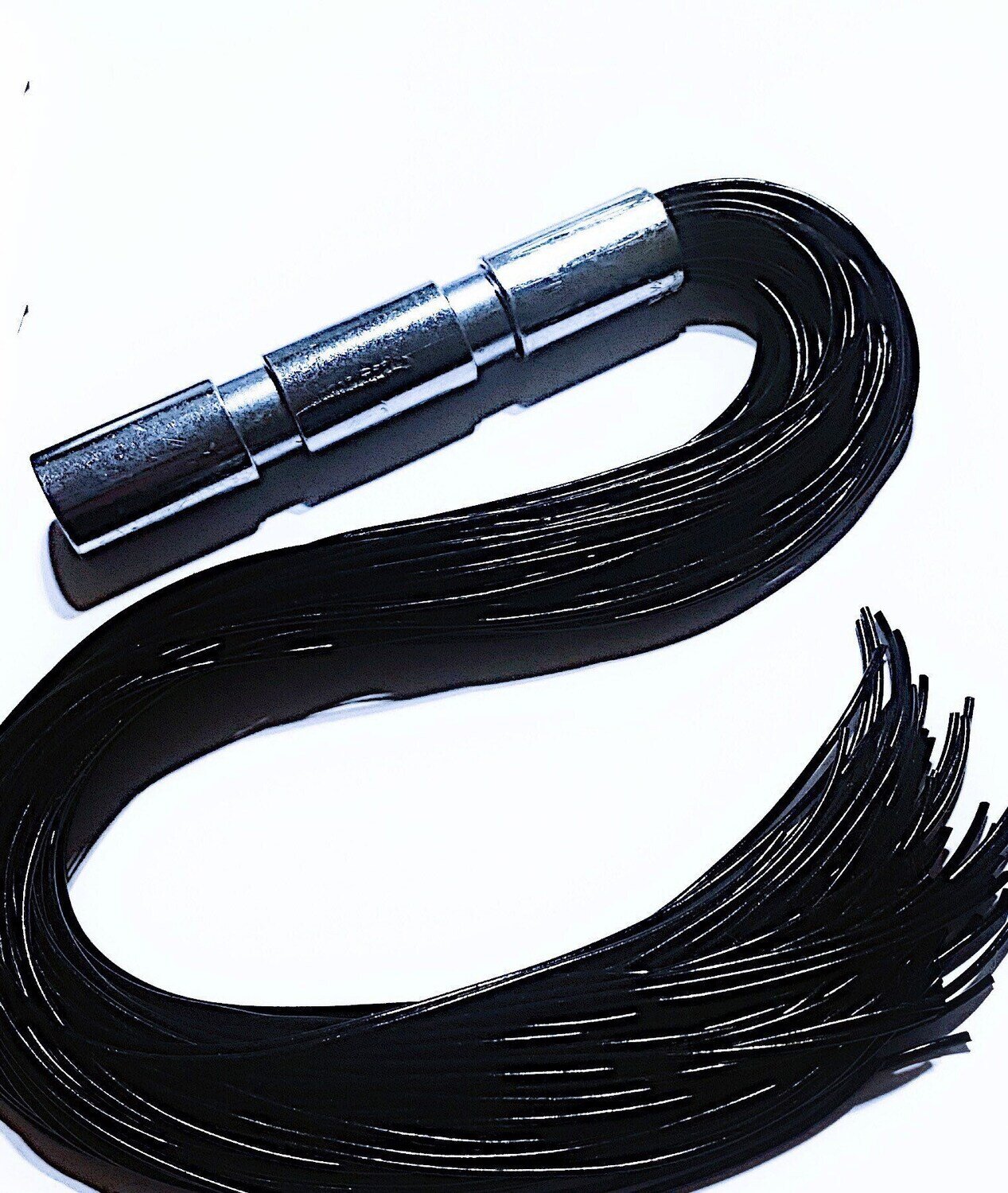 BDSM Flogger Black rubber falls chrome plated metal handle Impact Play  Gear Spanking Flogger