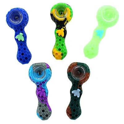 4.25" Silicone Honeycomb Hand Pipe With Glass Bowl & Dabber | Assorted Colors